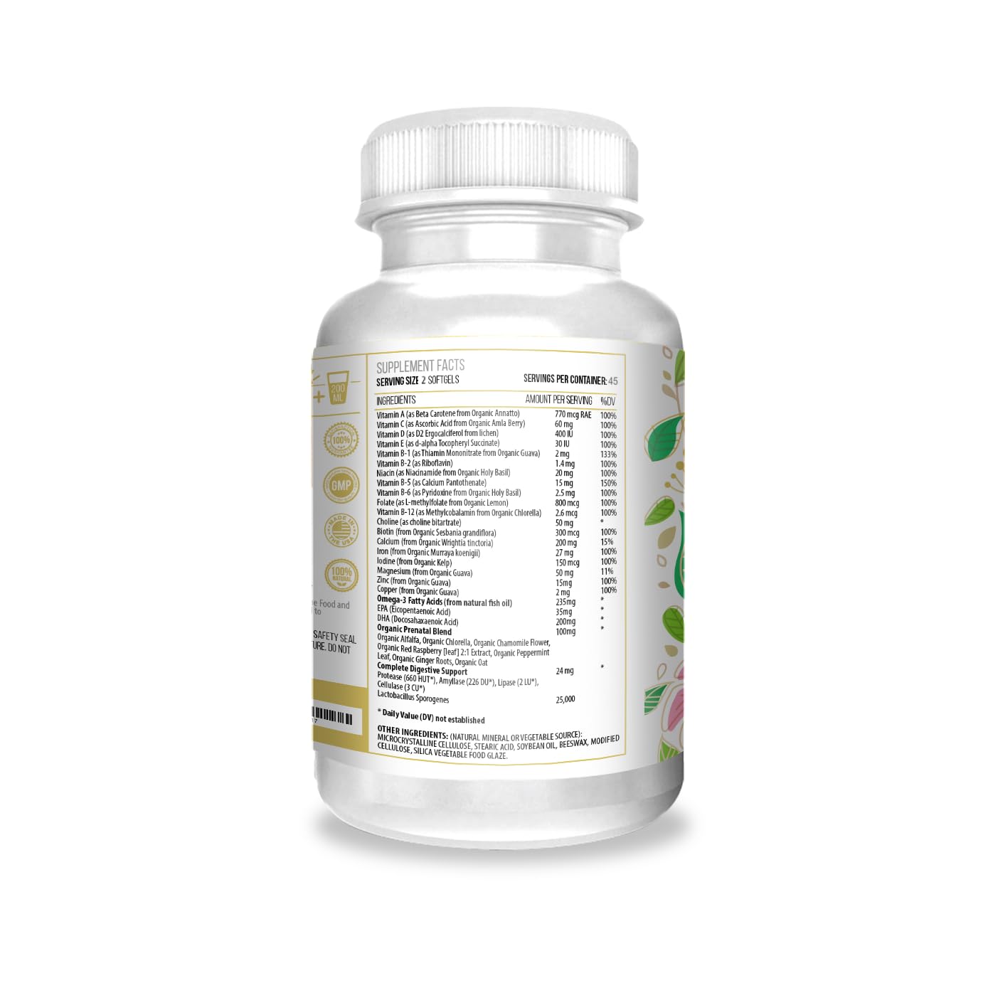 Etiqueta de vitamina prenatal Actif con ingredientes orgánicos
