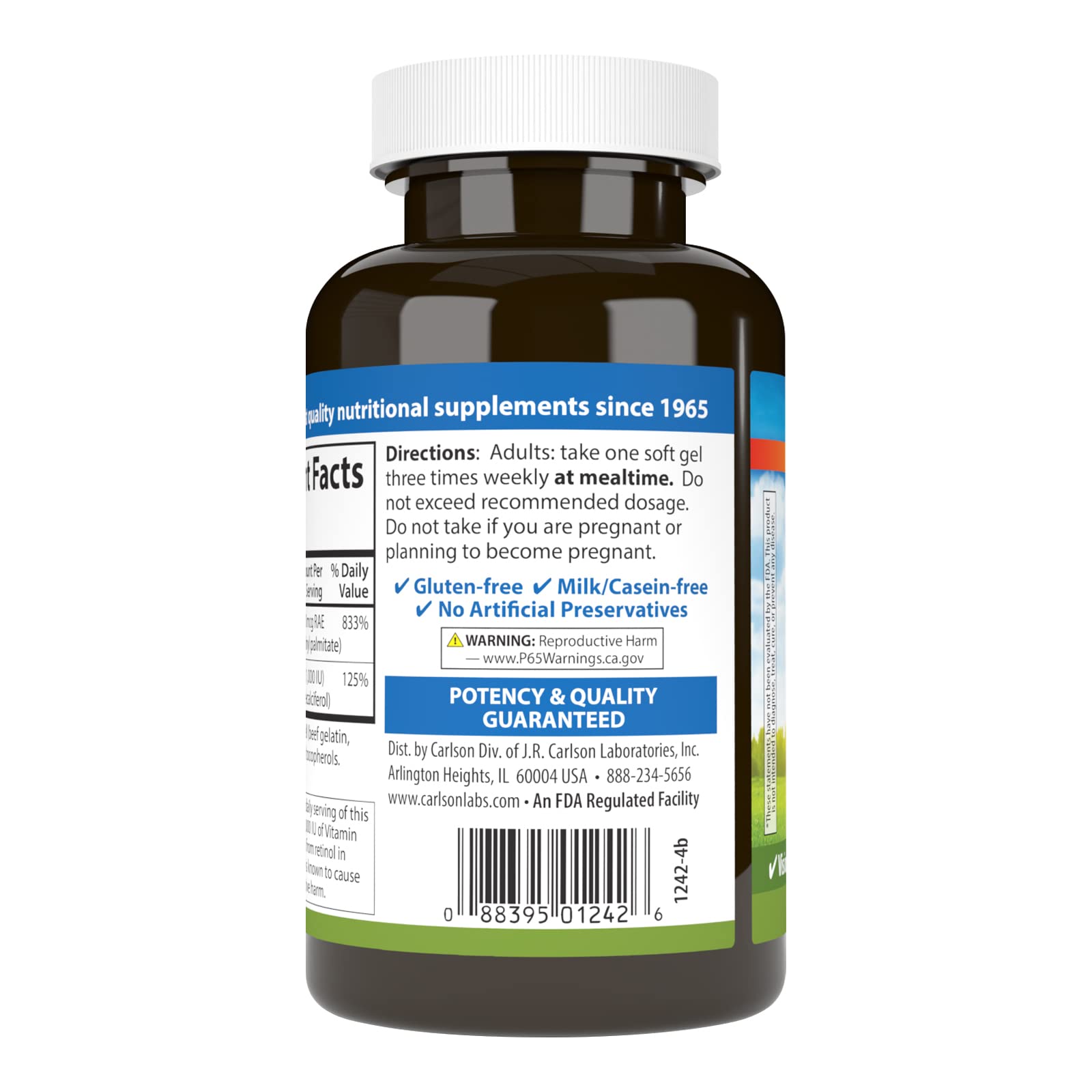 Etiqueta detallada de vitaminas A y D Carlson