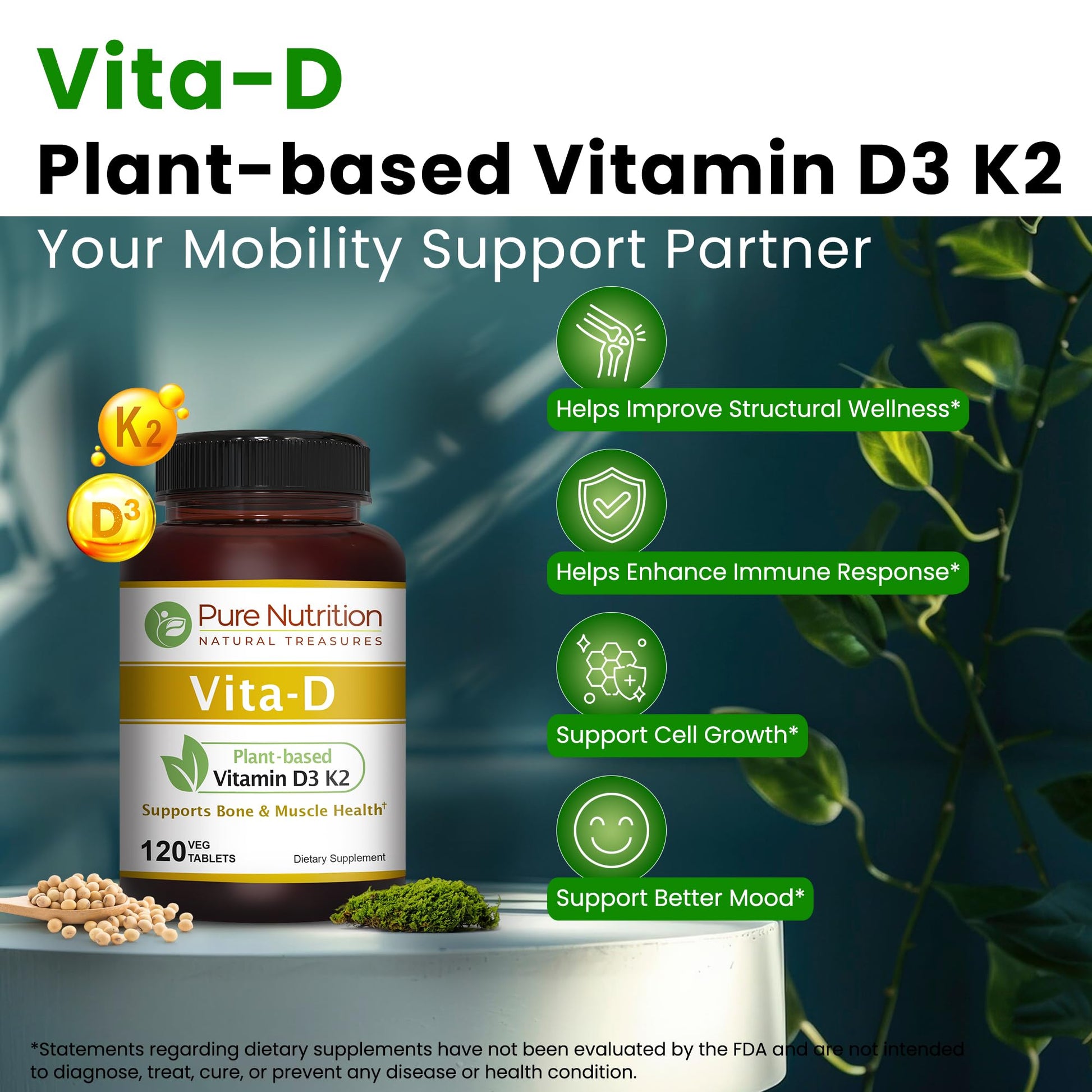Etiqueta vitaminas D3 y K2 de Pure Nutrition 120 tabs