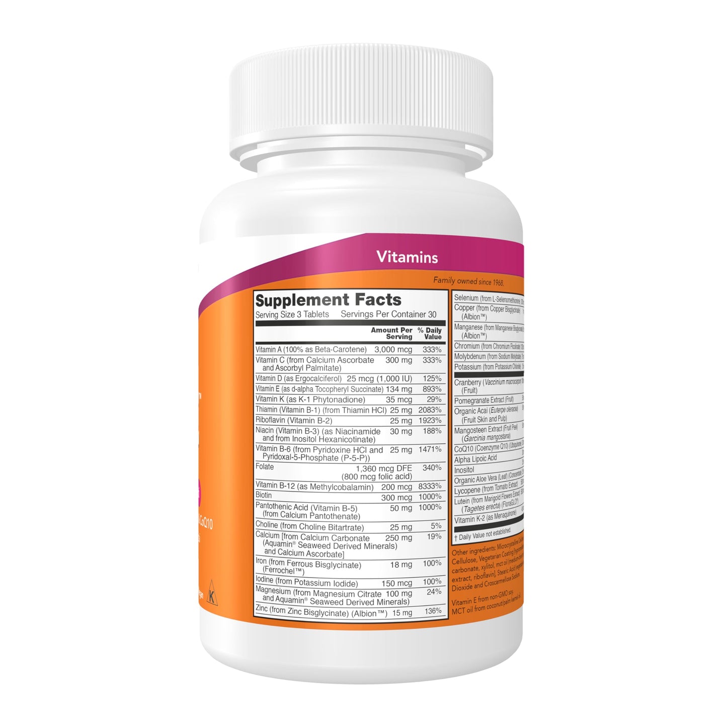 Etiqueta de vitaminas del multivitamínico NOW Foods EVE.