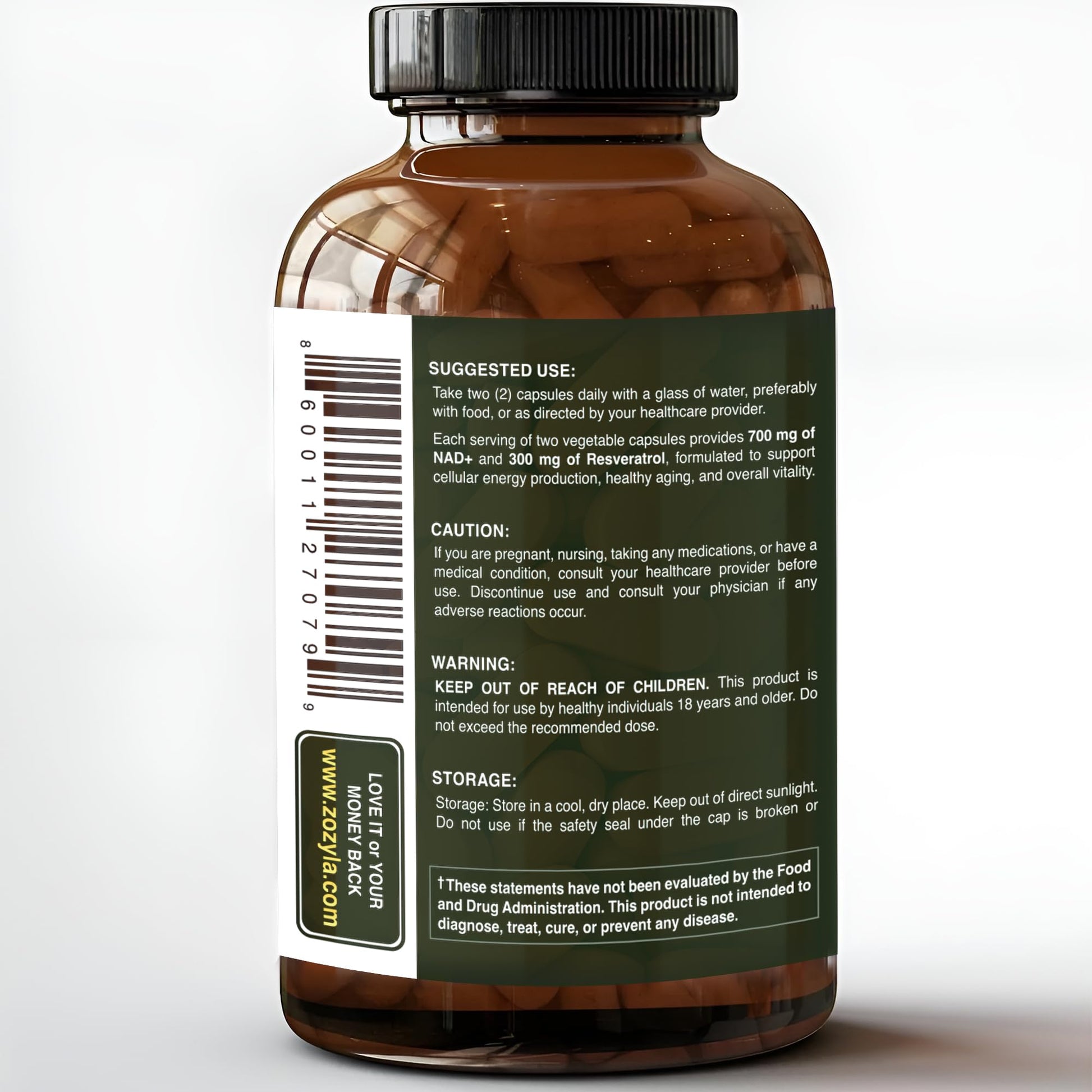 Etiqueta de ZOZYLA ZozylaNAD+ mostrando 1000mg por porción