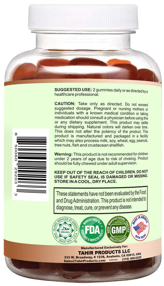 Etiquetas y especificaciones de las gomitas multivitamínicas Tahir