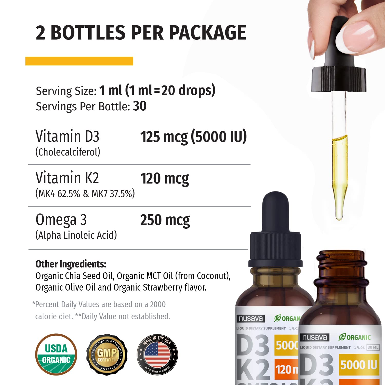 Instrucciones y etiquetas gotas vitamina D3 K2 Nusava
