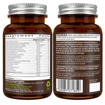 Etiquetas de suplemento en multivitamínico Igennus para hombres y niños.