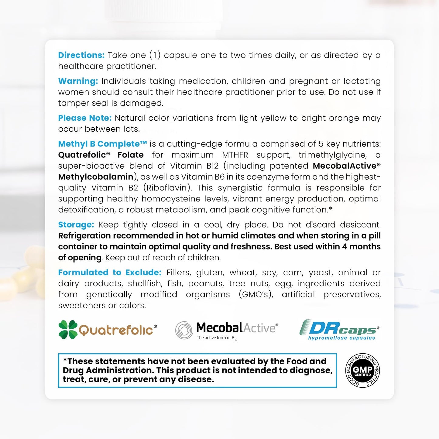 Detalle etiquetas vitaminas complejas B Pure TheraPro Rx