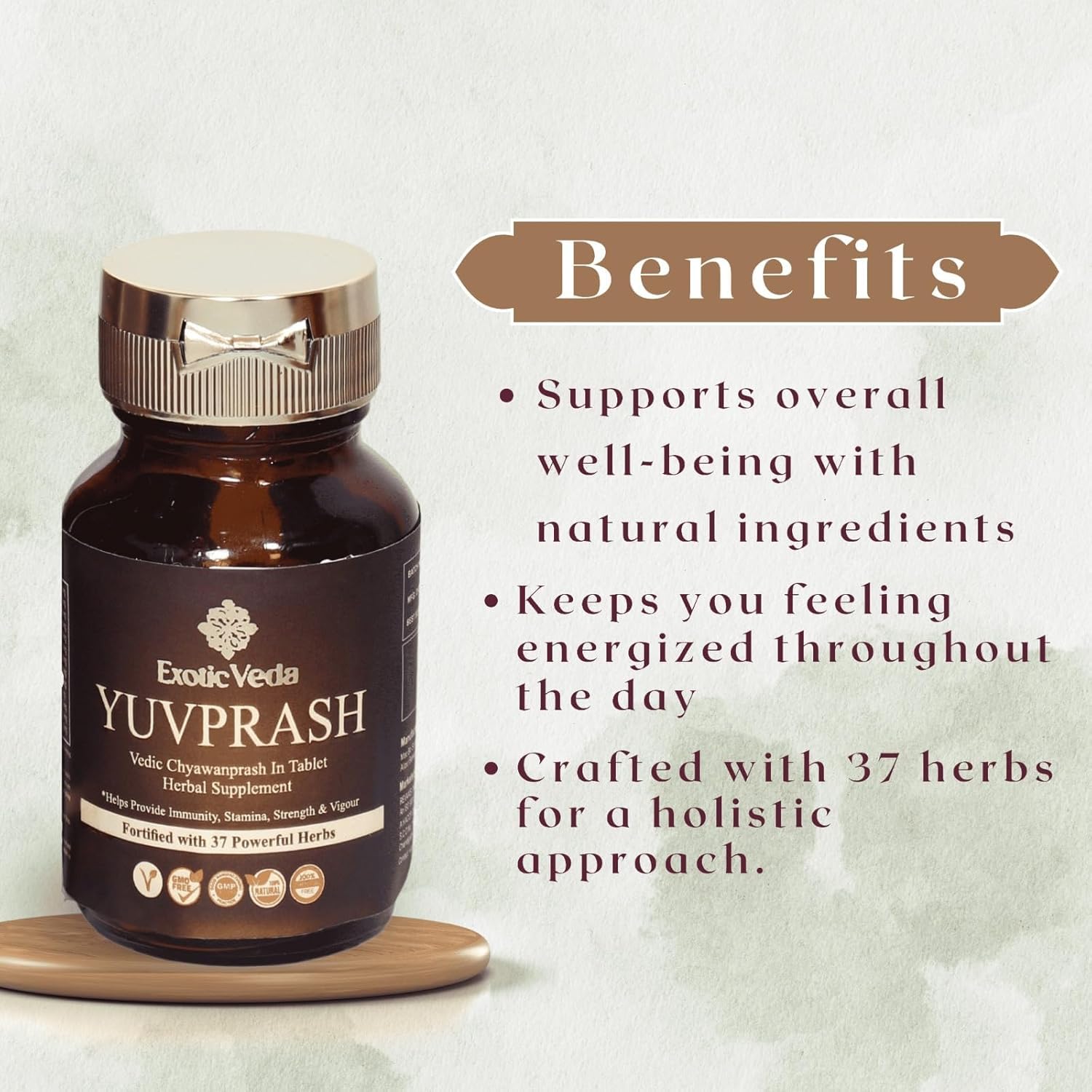 Beneficios del suplemento YuvPrash en texto promocional.