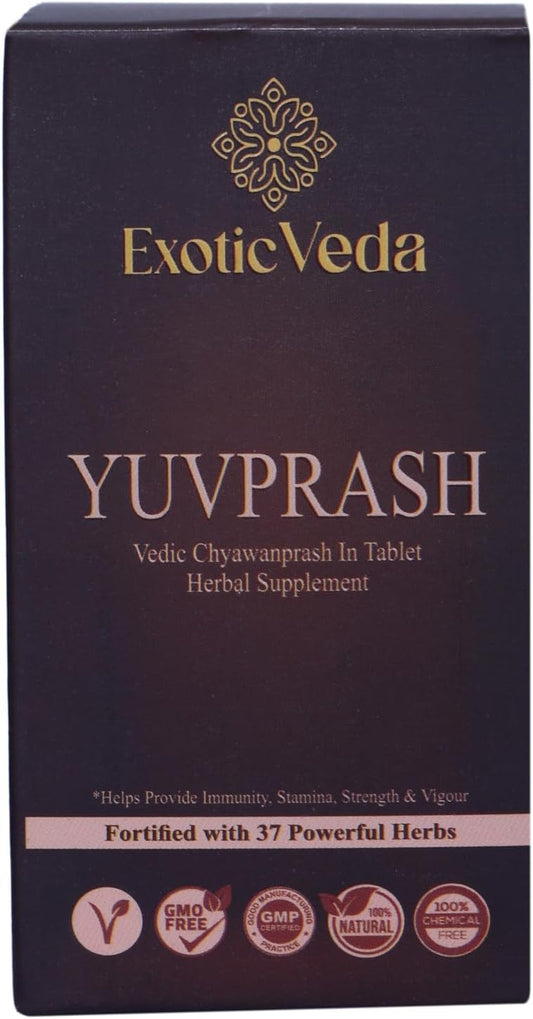 Caja de tabletas YuvPrash de Exotic Veda con ingredientes herbales.