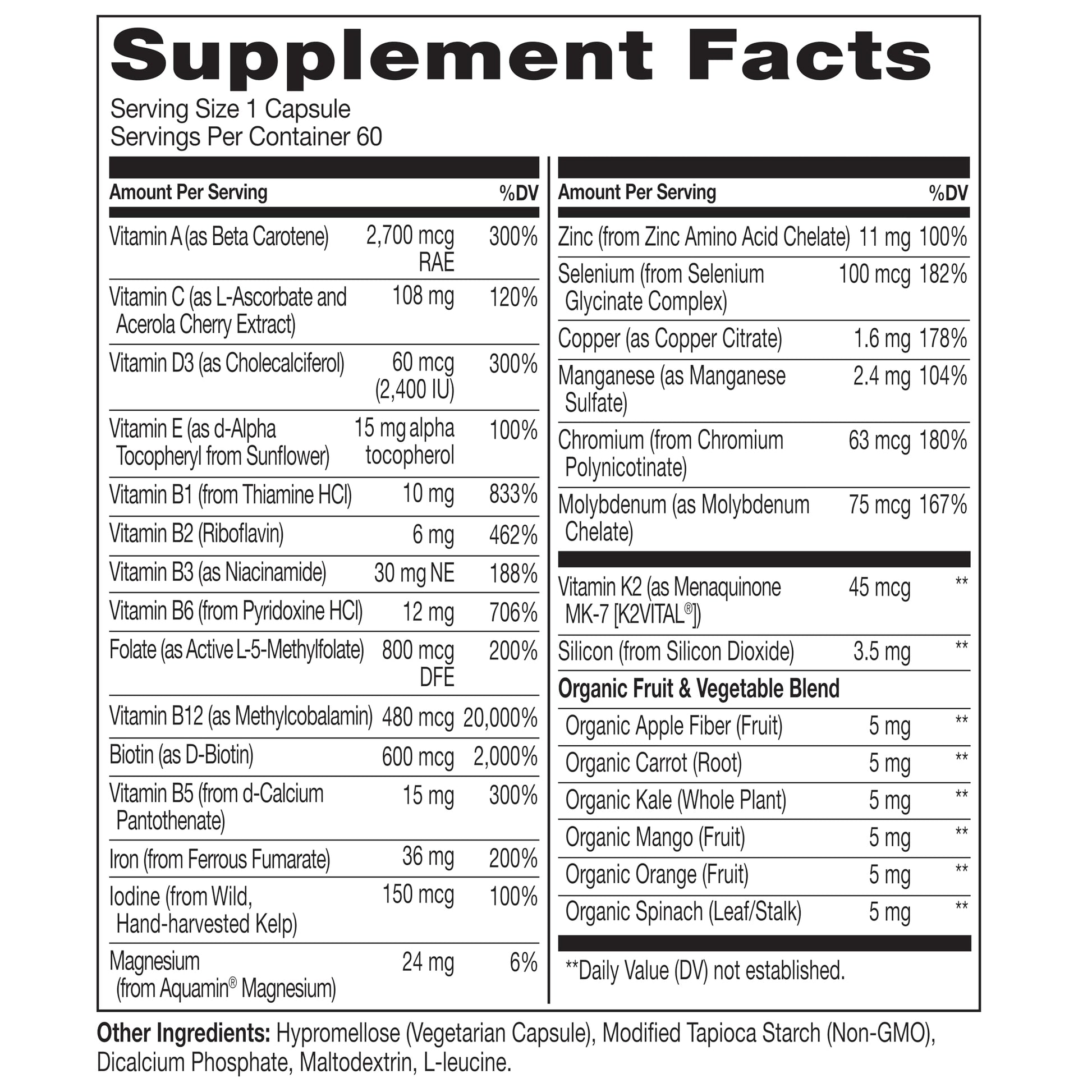Facts nutricionales del multivitamínico bariátrico