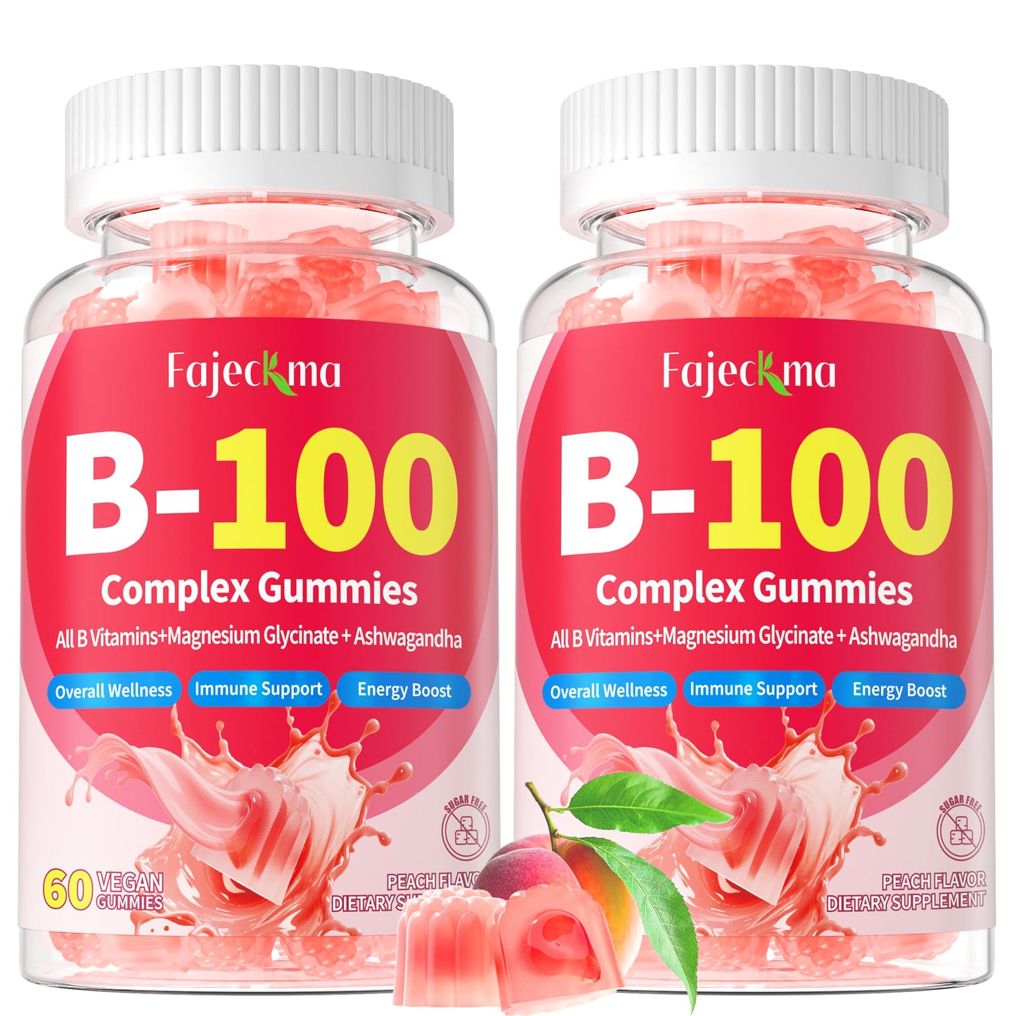 Envase de gomitas complejas vitamina B-100 Fajeckma con sabor durazno