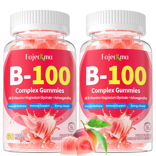 Envase de gomitas complejas vitamina B-100 Fajeckma con sabor durazno