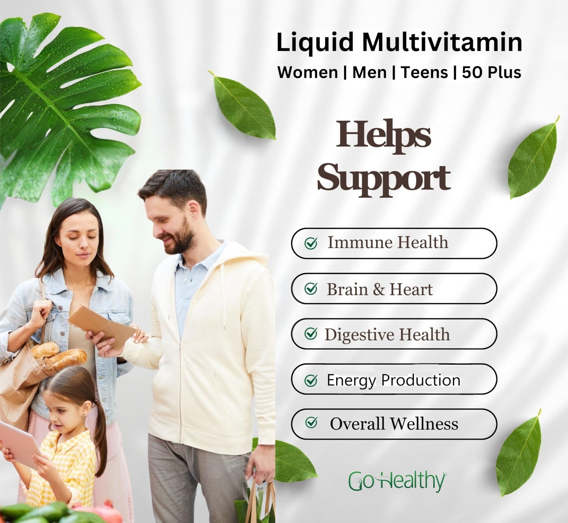 Familia mirando vitaminas Go Healthy en imagen de apoyo