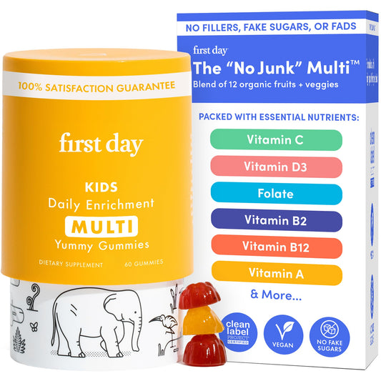Botella First Day gomitas multivitamínicas para niños sabor fresa y naranja 30 días