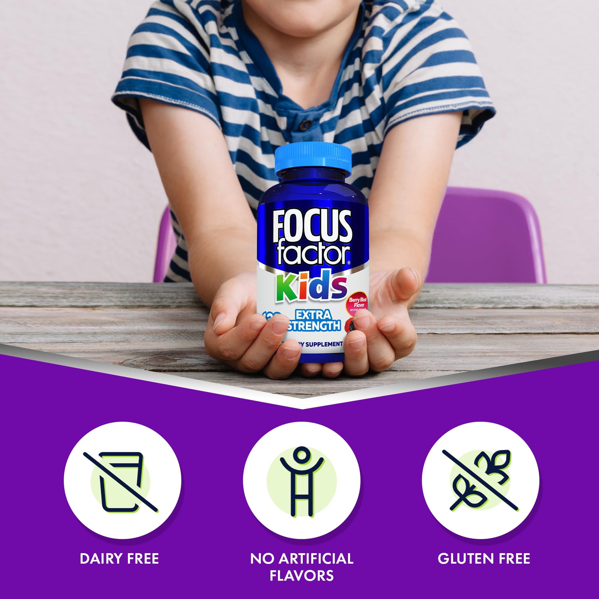 Focus Factor Niños, sabor a bayas sin aditivos artificiales.
