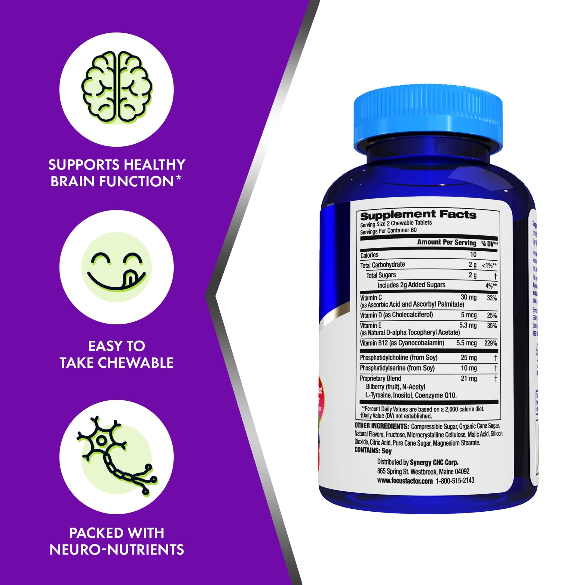 Suplemento Focus Factor Niños, salud cerebral con vitaminas.