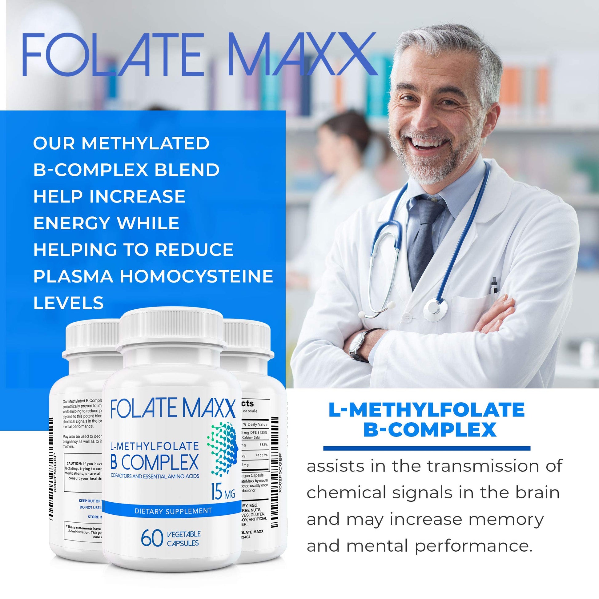 FolateMaxx cápsulas B12 B6 L-metilfolato energía y salud