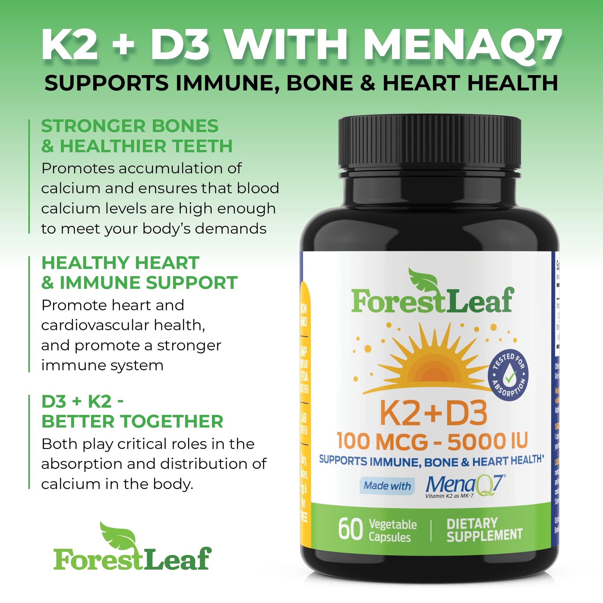 ForestLeaf cápsulas vegetarianas D3 + K2 para sistema inmune