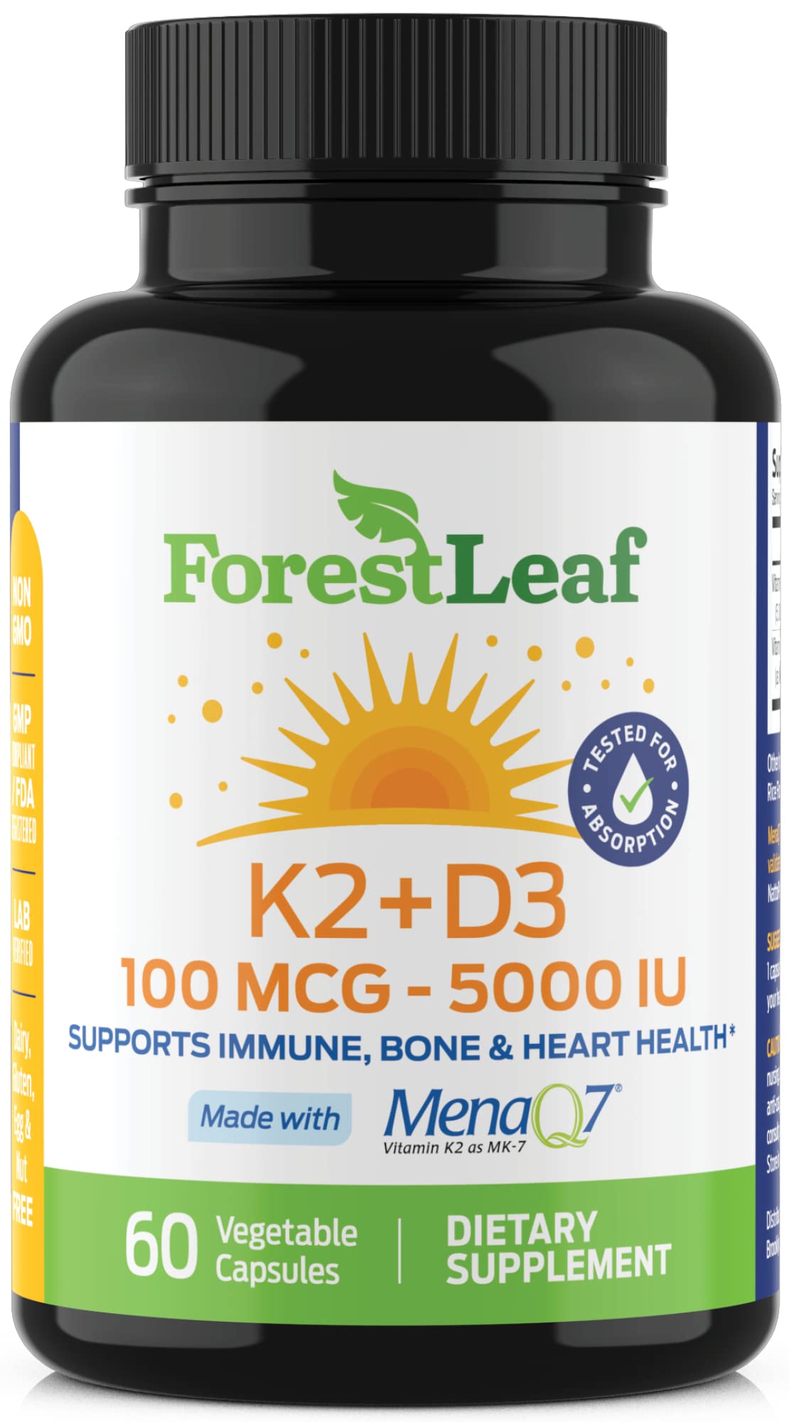 ForestLeaf suplemento Vitamina D3 y K2 MK7 60 cápsulas vegetarianas