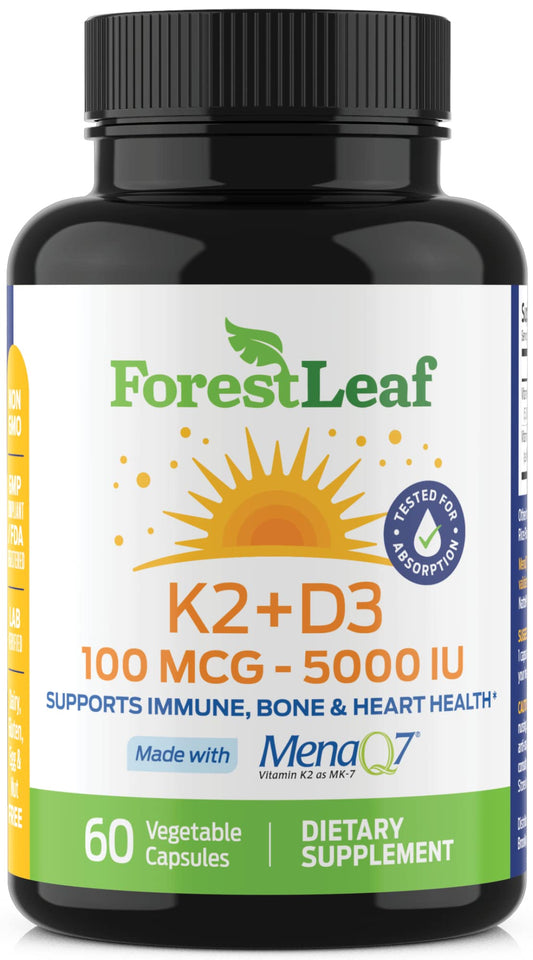 ForestLeaf suplemento Vitamina D3 y K2 MK7 60 cápsulas vegetarianas