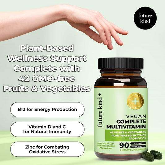 Fórmula de bienestar a base de plantas Future Kind - Multivitaminas veganas completas.