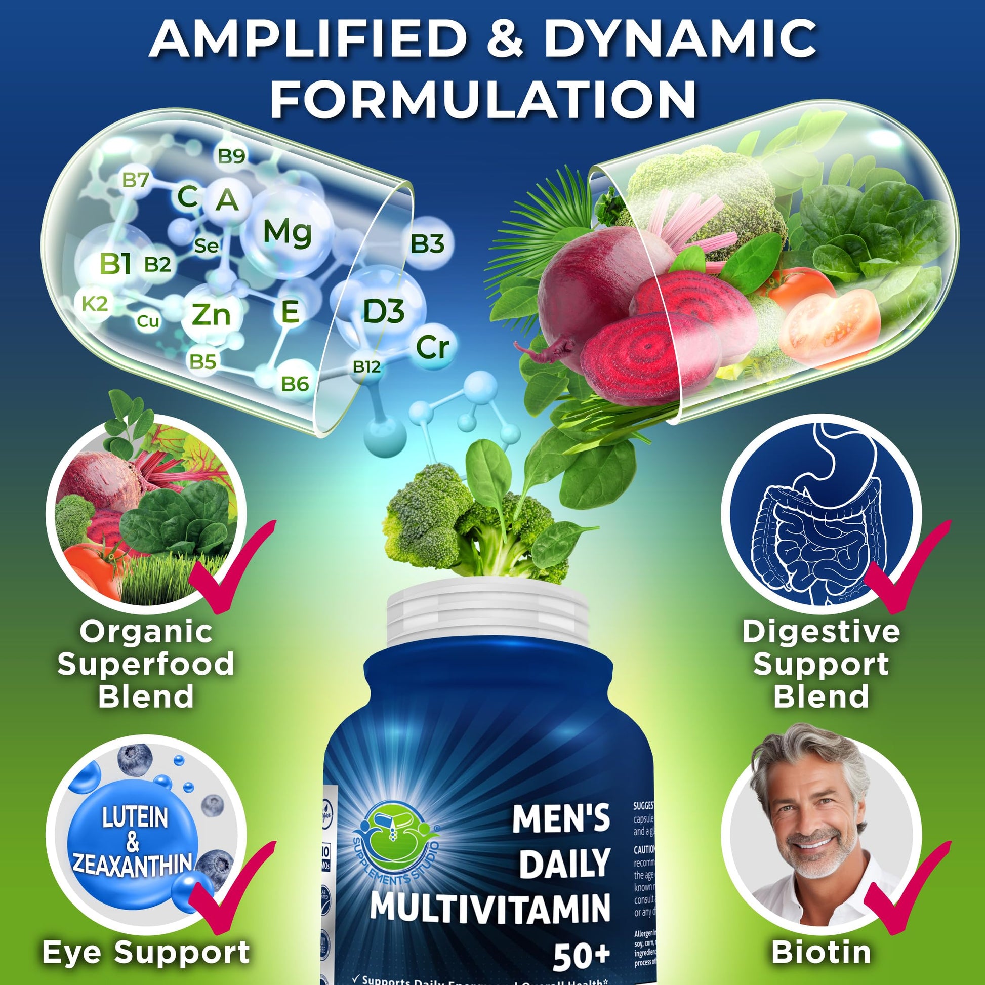 Fórmula multivitamínica con vitaminas esenciales y superalimentos orgánicos