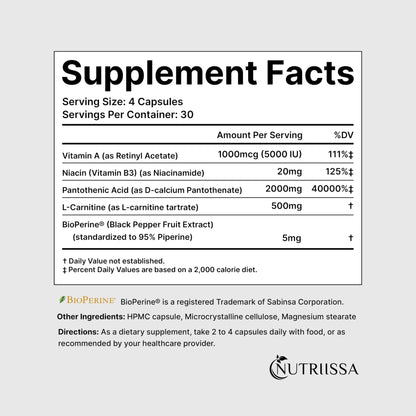 Fórmula Nutriissa contra acné con Ácido Pantoténico y L-Carnitina