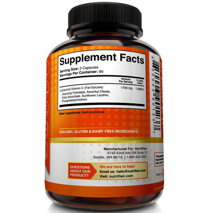 Fórmula sin ogm y vegana vitamina c NutriFlair liposomal 180 cápsulas