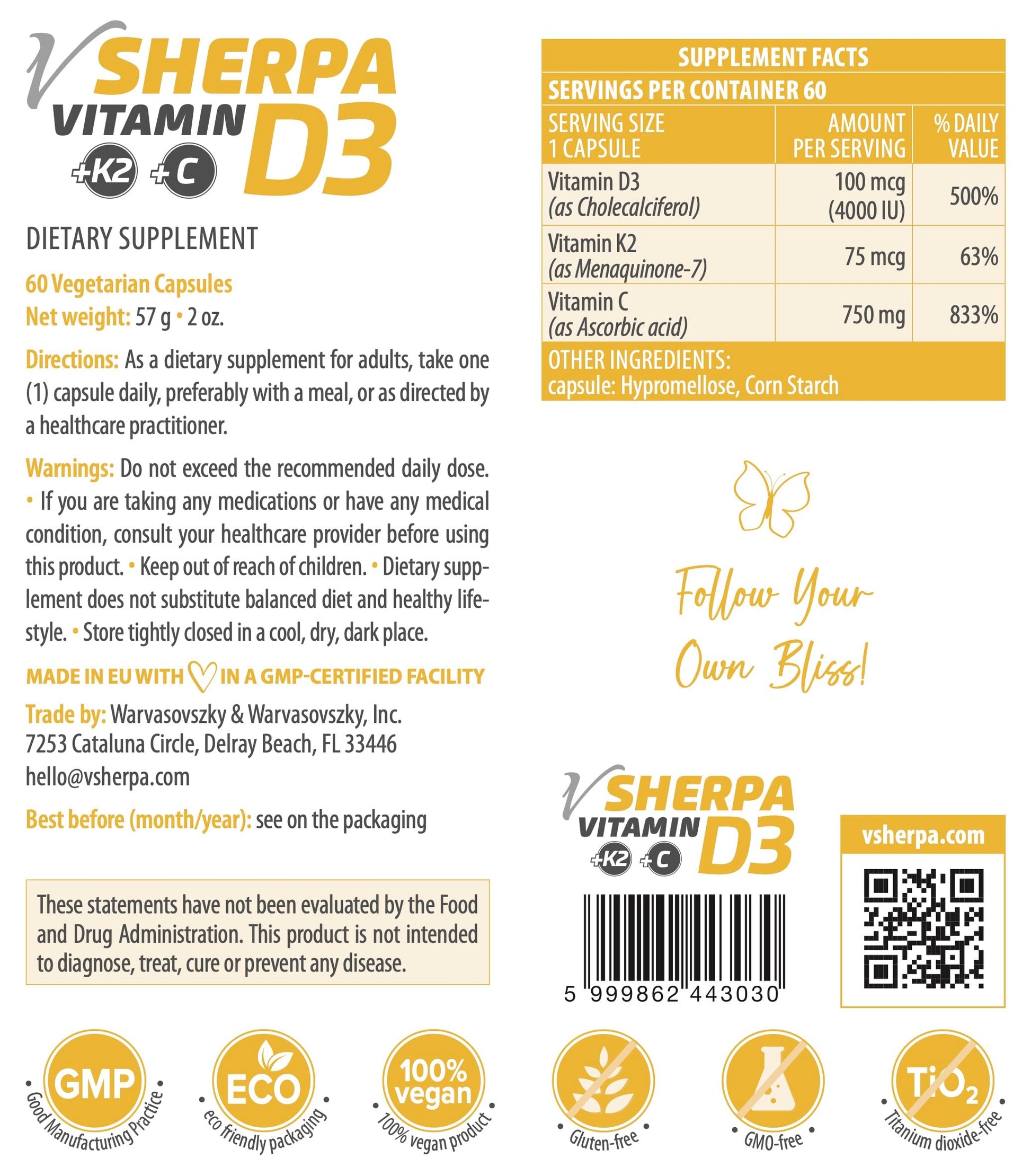 Fórmula sinérgica vSherpa vitamina d3 con k2 y vitamina c vegana