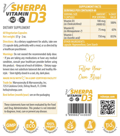 Fórmula sinérgica vSherpa vitamina d3 con k2 y vitamina c vegana