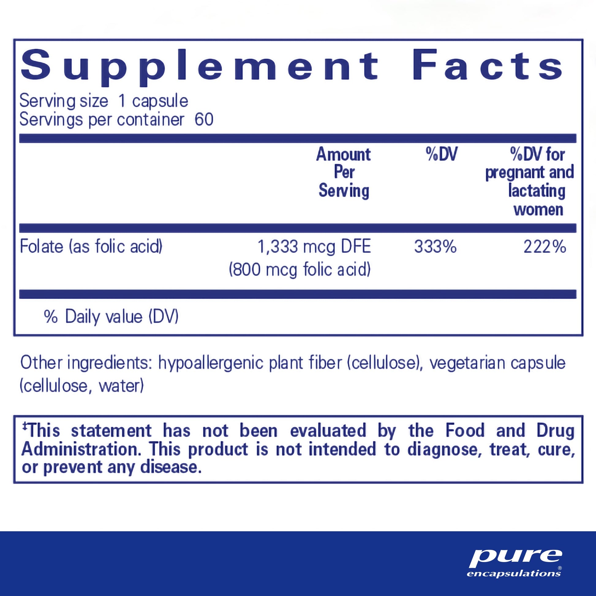 Frasco Pure Encapsulations ácido-fólico 60 cápsulas