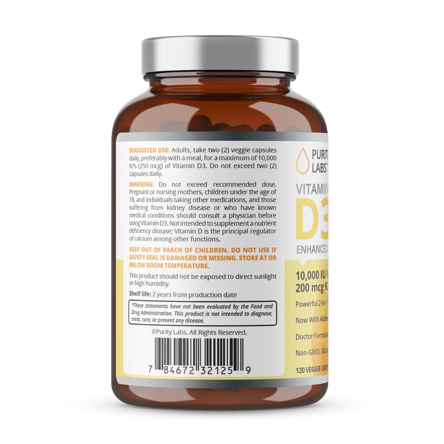 Frasco abierto y cápsulas suplemento vitamina D3 K2 Purity Labs