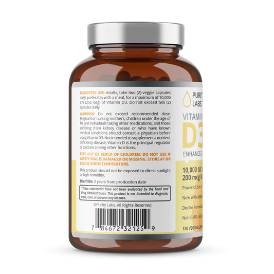 Frasco abierto y cápsulas suplemento vitamina D3 K2 Purity Labs