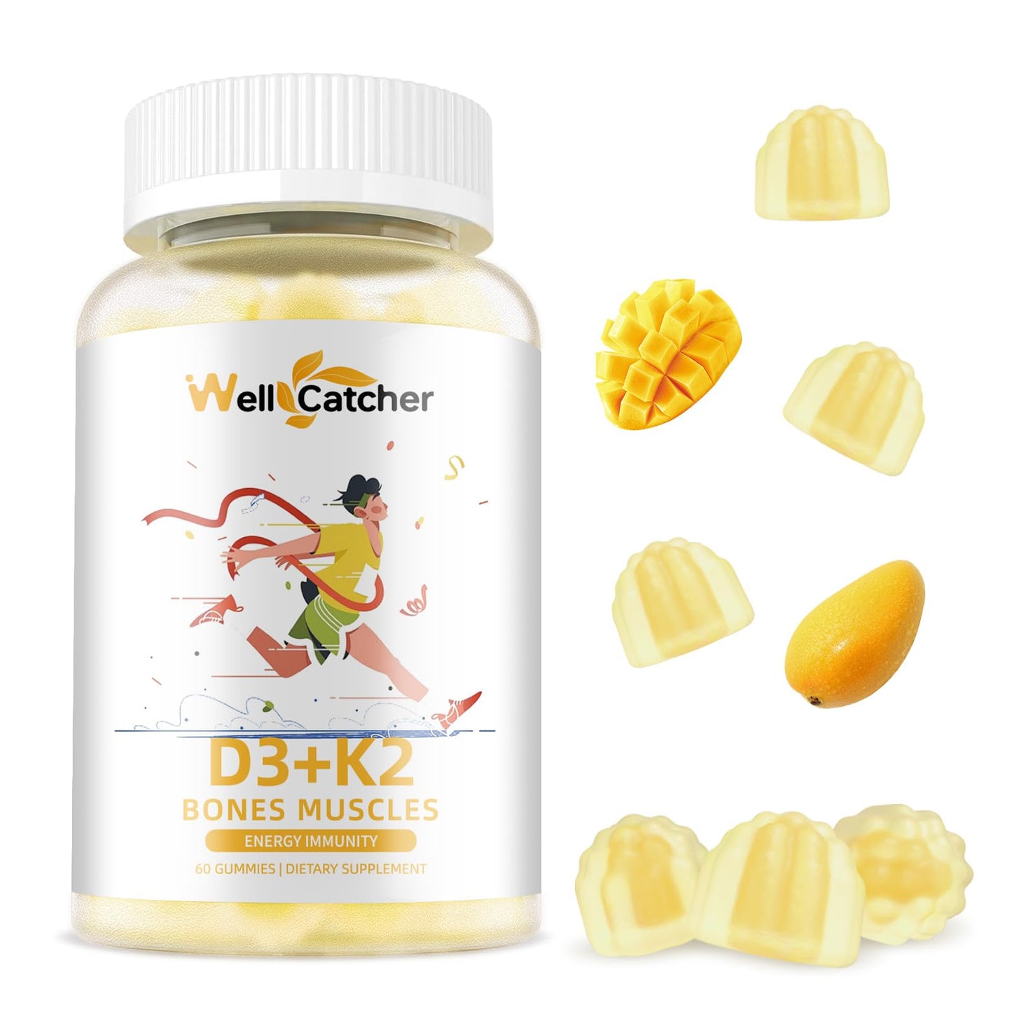 Frasco abierto gomitas Wellcatcher vitamina D3 K2 mango