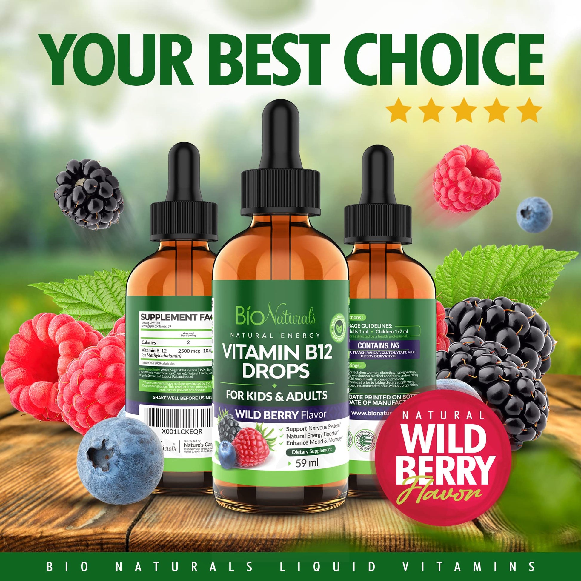 Frasco abierto gotas vitamina B12 Bio Naturals sabor baya