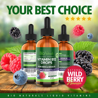 Frasco abierto gotas vitamina B12 Bio Naturals sabor baya