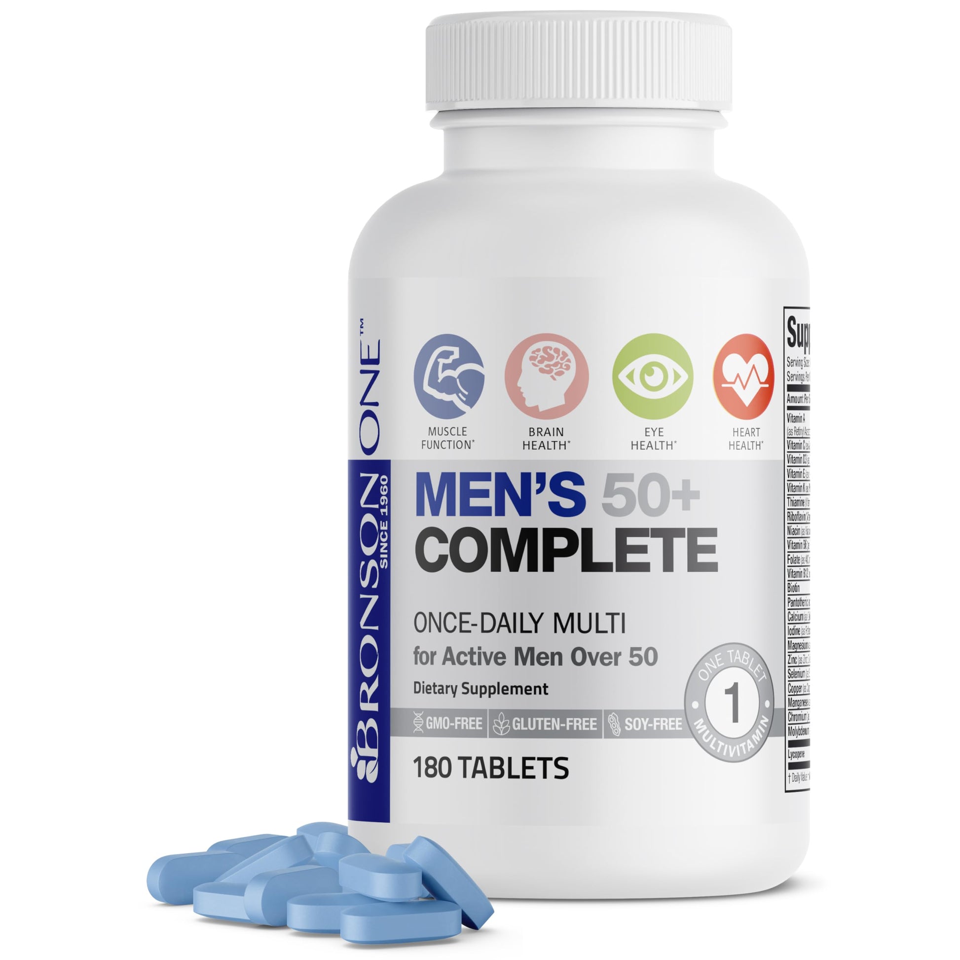 Frasco abierto de multivitamínico Bronson ONE 50+