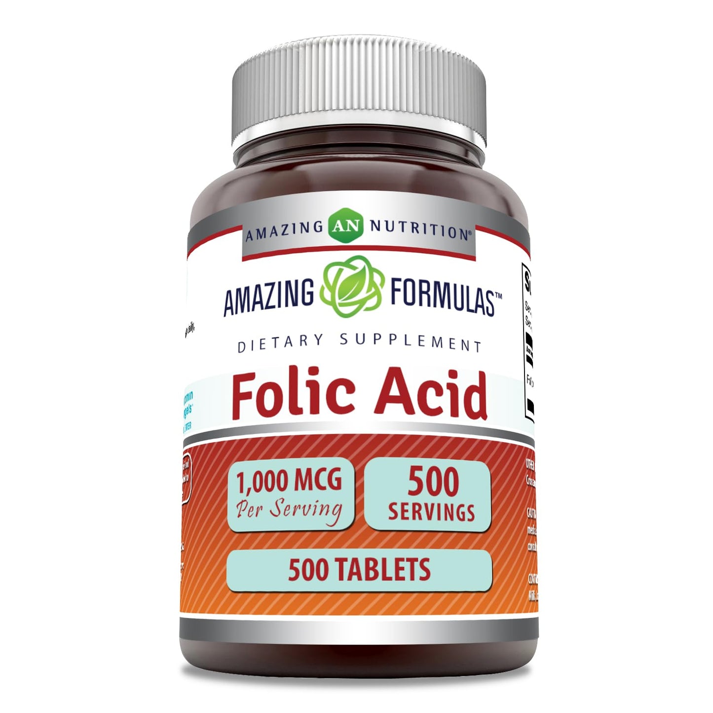 Frasco Amazing Formulas Ácido Fólico 1000 mcg 500 tabletas