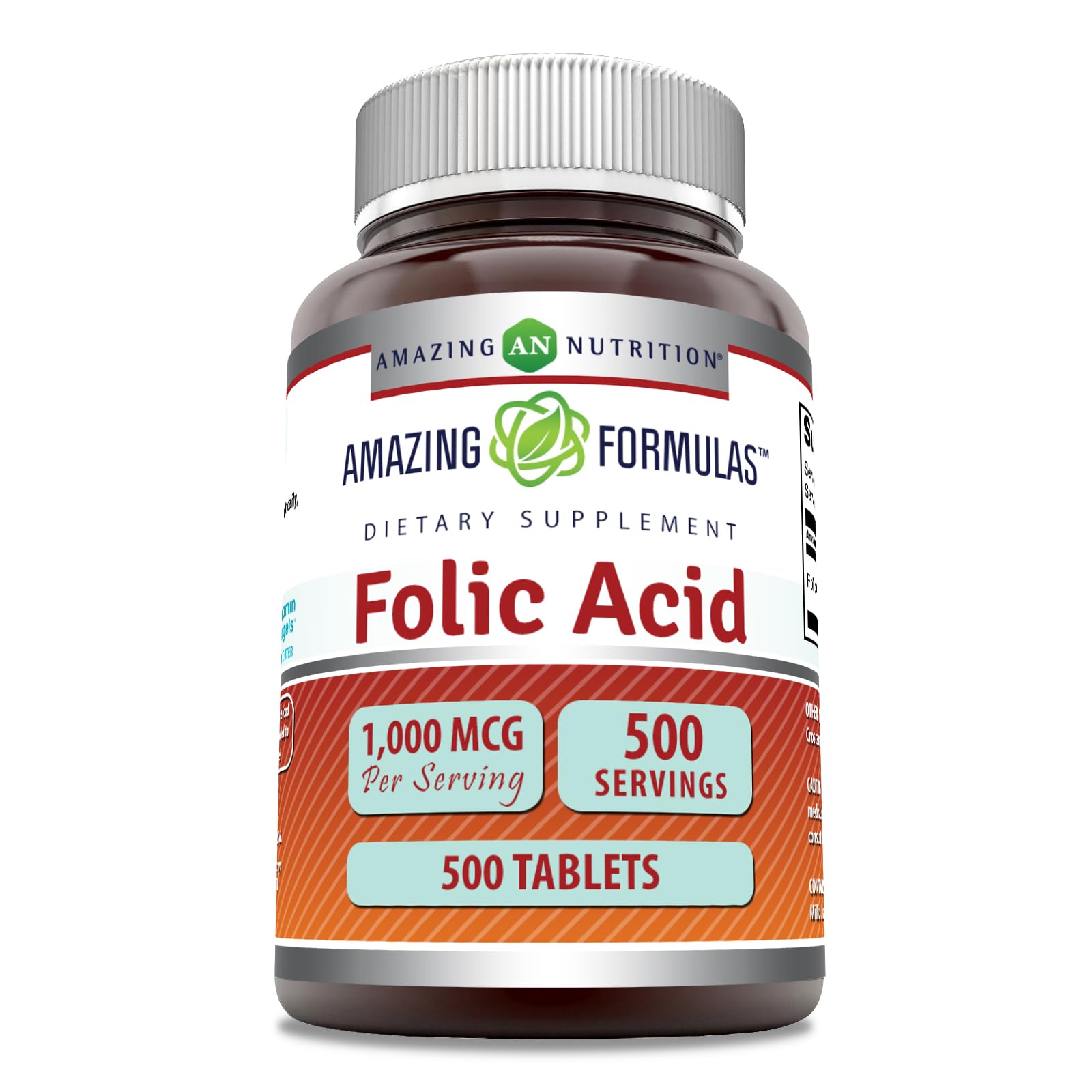 Frasco Amazing Formulas Ácido Fólico 1000 mcg 500 tabletas