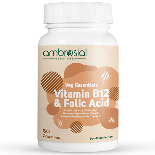 Frasco AMBROSIAL vitamina b12 ácido fólico 60 cápsulas