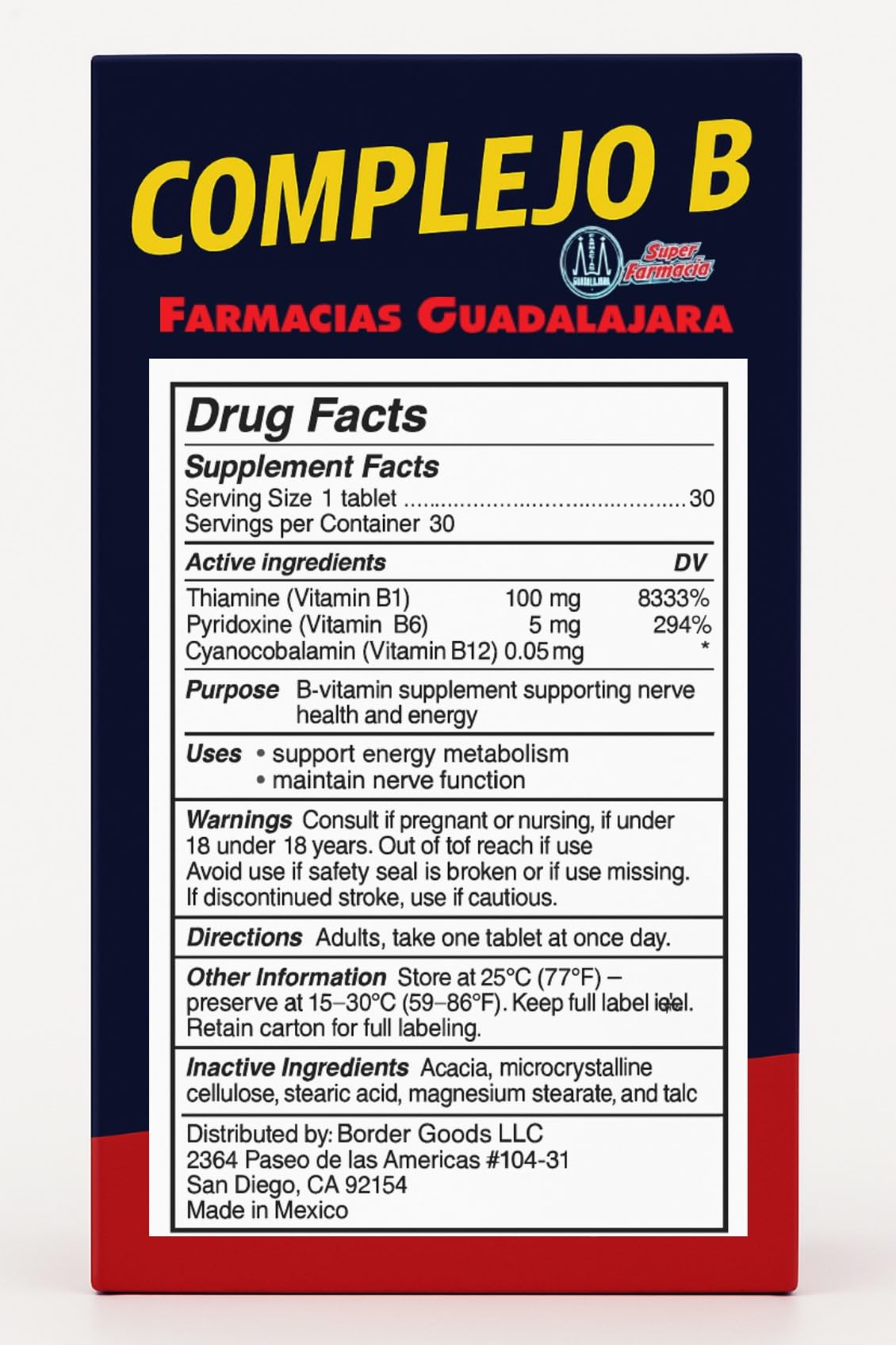Frasco azul y rojo de Complejo B Farmacia Guadalajara