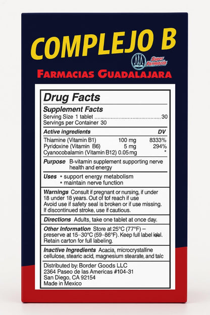 Frasco azul y rojo de Complejo B Farmacia Guadalajara