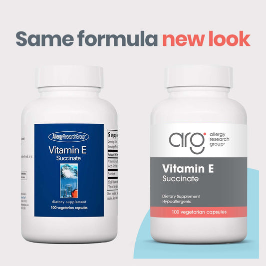 Frasco azul suplemento Vitamina E Allergy Research Group