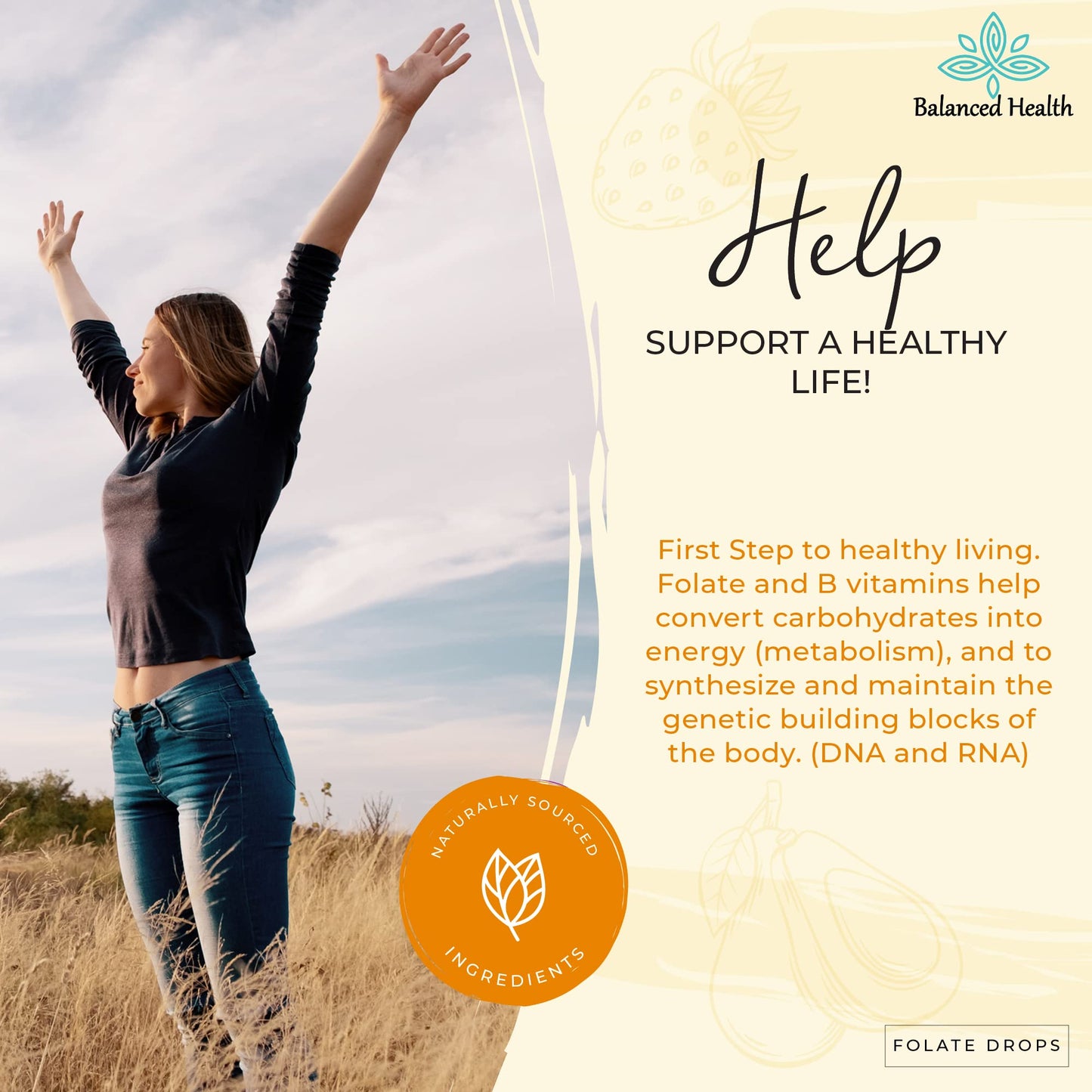 Frasco Balanced Health gotas de folato sabor butterscotch