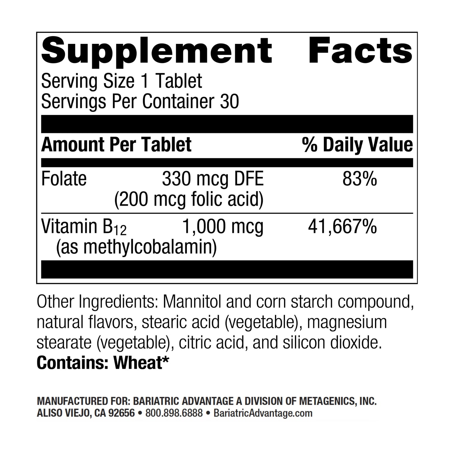Frasco bariatric advantage vitamina b12 1000 mcg 30 tabletas disolución rápida
