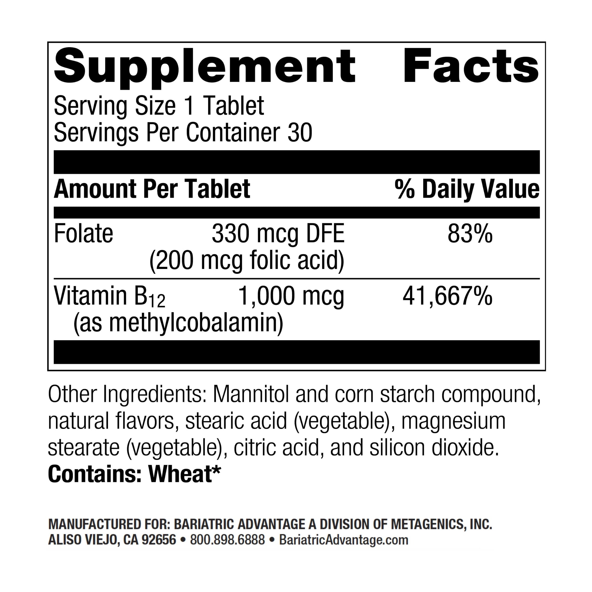 Frasco bariatric advantage vitamina b12 1000 mcg 30 tabletas disolución rápida