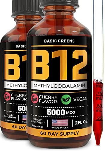 Frasco BASIC GREENS gotas líquidas vitamina b12 sabor cereza