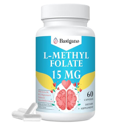 Frasco Basigano L-Metilfolato 15 mg 60 cápsulas veganas