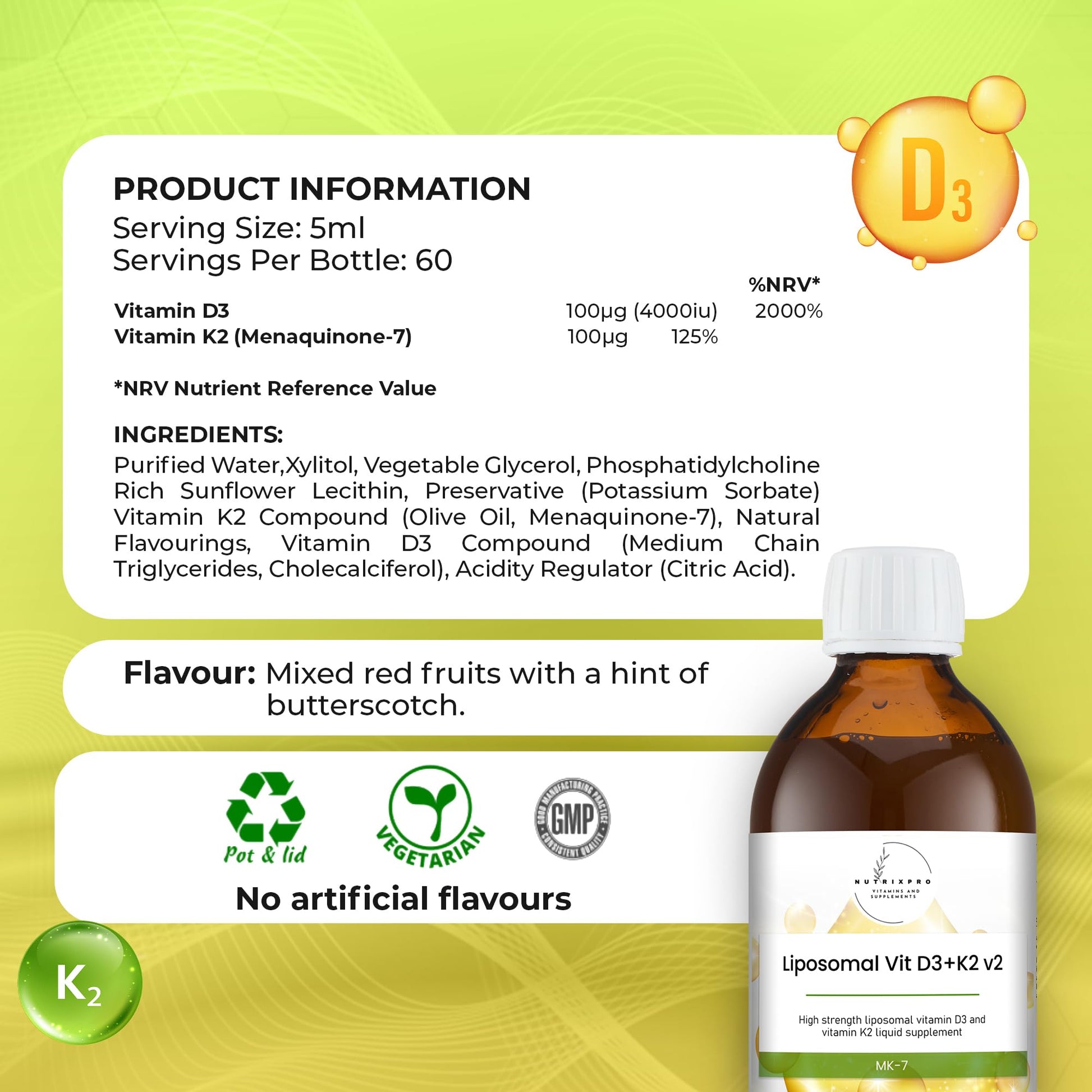 Frasco bebida suplemento vitamina D3 4000 UI y K2 vegetales