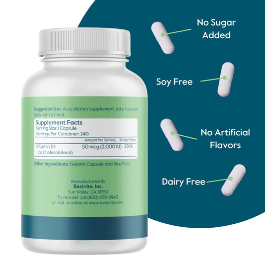 Frasco Bestvite suplemento vitamina d3 2000 ui 240 cápsulas