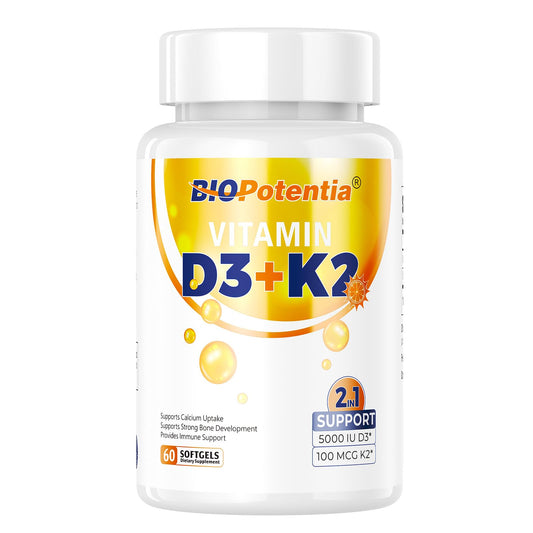 Frasco de BIO POTENTIA vitamina D3 K2 60 cápsulas blandas