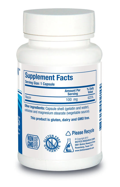 Frasco de Biotics Research Niacina 100 mg en cápsulas